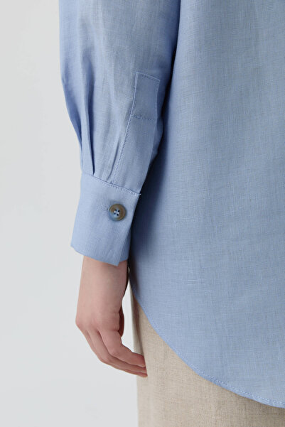 Tuğba Ters Kapamalı Keten Gömlek - Açık Mavi