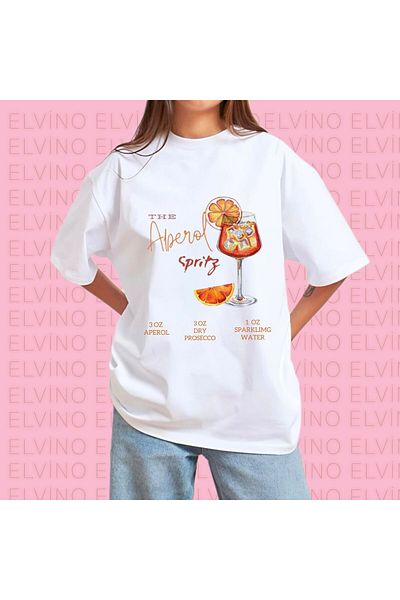 Elvino Cocktail Printed Crew Neck Cotton White Women'S/Men's Unisex Oversize Tshirt
