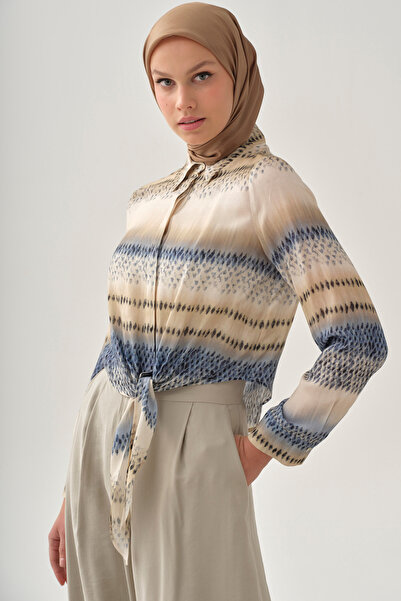 Tuğba Degrade Desenli Crop Gömlek - İndigo