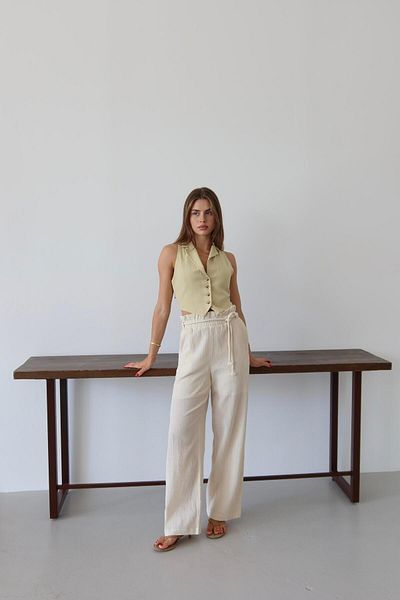 Jeevee Cream Crinkle Fabric Lace-Up Summer Trousers