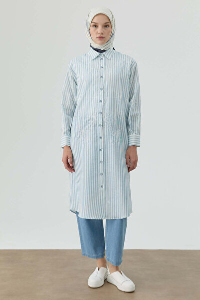 Tuğba Nakış Detaylı Çizgili Uzun Tunik - Mavi