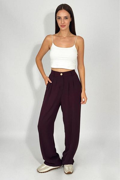 Betimoda Women's Buttoned Pocket Wide Leg Pleated Palazzo Trousers Burgundy