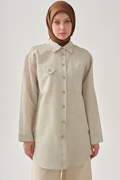 Tuğba Cep Detaylı Çizgili Tunik - Bej