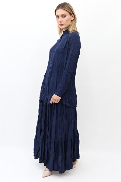 Yaqa Krinkıl Kumaş Cindrella Gömlek - Lacivert