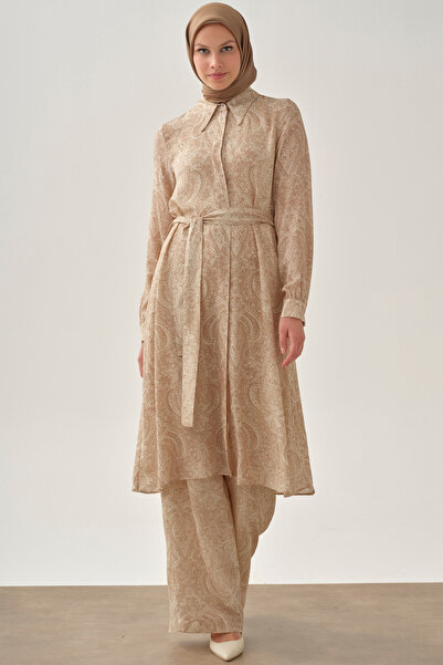 Tuğba Şal Desenli Kuşaklı Tunik - Bej