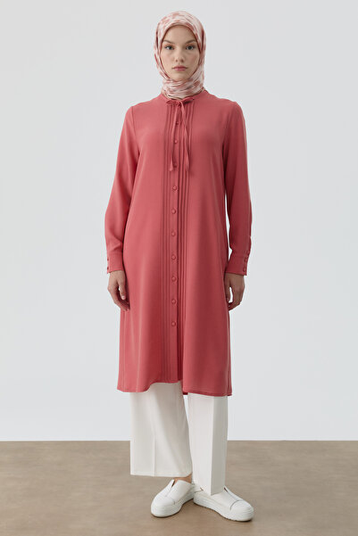 Tuğba Yakası Bağcıklı Pileli Tunik - Somon