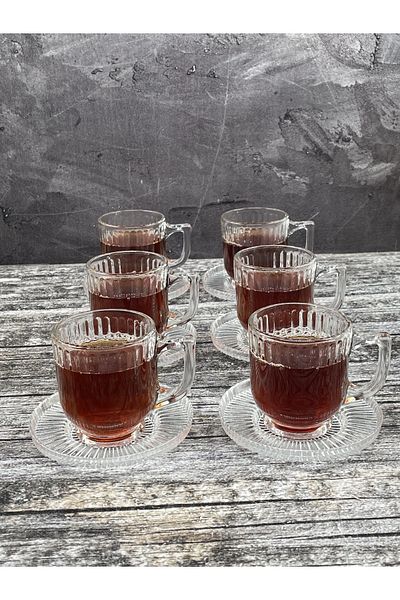 ORTAKÖY CENNETİ طقم شاي زجاجي مكون من 12 قطعة لـ 6 أشخاص، طقم فنجان شاي وصحن