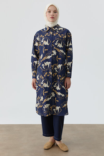 Tuğba Çiçek Desenli Kemerli Tunik - Lacivert