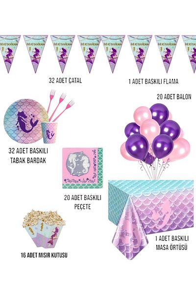 Evabrite Mermaid Birthday Party Set - Girl's Birthday Ornaments for 32 People