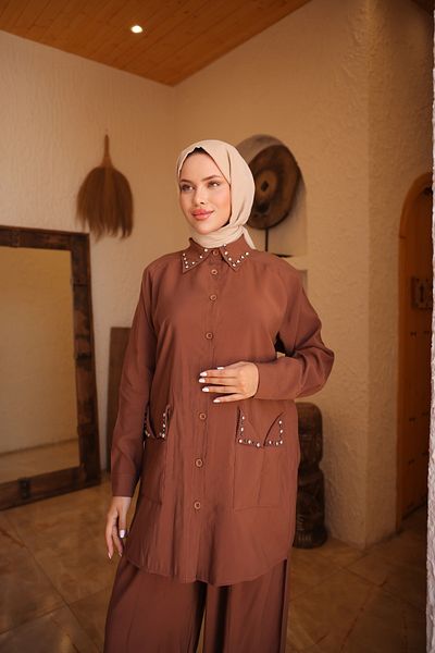 MİMİ Luxury Wear Women's Hijab Tracksuit & Set, Bottom Top Long Suit Button Shirt Pants