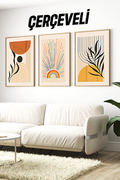 kutuTR ☀️ Modern Geometrik Çizgili Güneş ve Doğa Temalı 3’lü Ahşap Çerçeveli ...