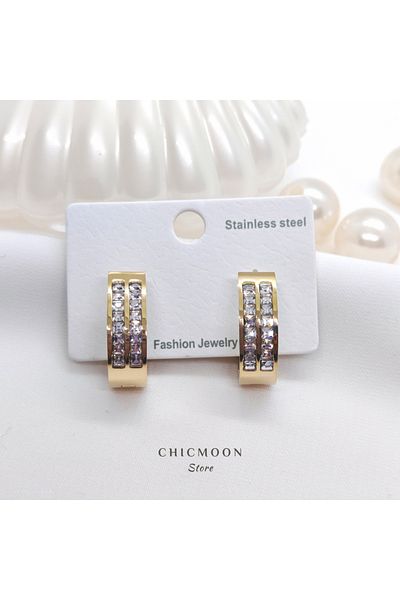 CHICMOON STORE Steel Gold Color Double Row Stone Hoop Earrings