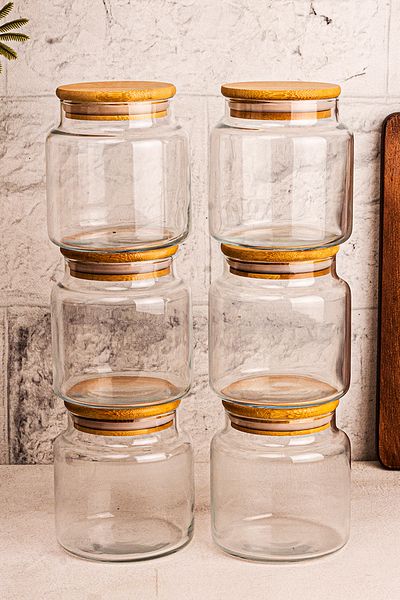 Snippy Set of 6 Bamboo Vacuum Glass Storage Containers with Lids 600 ml