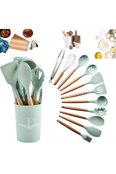 Full Abundance Set Premium Kitchen Utensils for Cooking, 12 Pieces Silicone with Bamboo Handles, Lime Green
