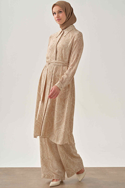 Tuğba Şal Desenli Kuşaklı Tunik - Bej