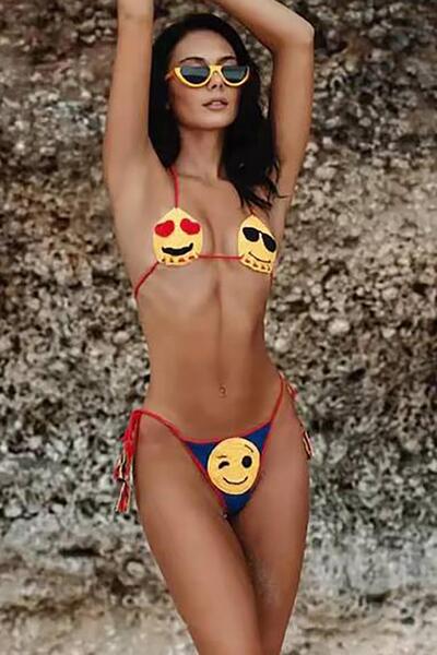 Bikini Mayokini Dünyası Emoji Nakış Örgü Bikini - Renkli