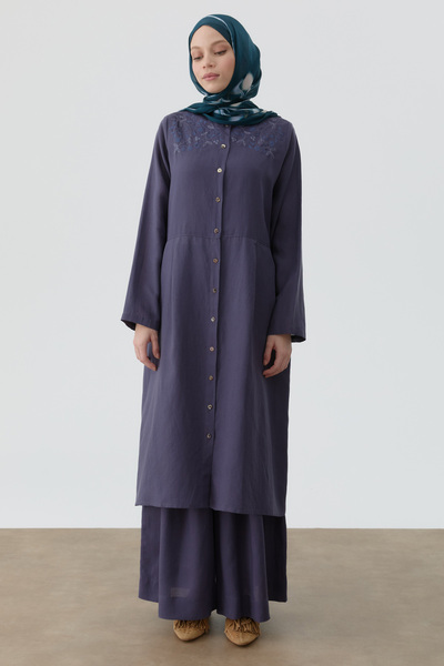 Tuğba Omuz Nakış Detaylı Uzun Tunik - İndigo