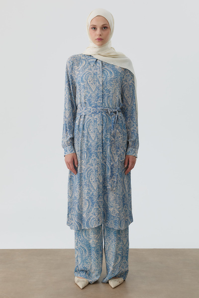 Tuğba Şal Desenli Kuşaklı Tunik - İndigo