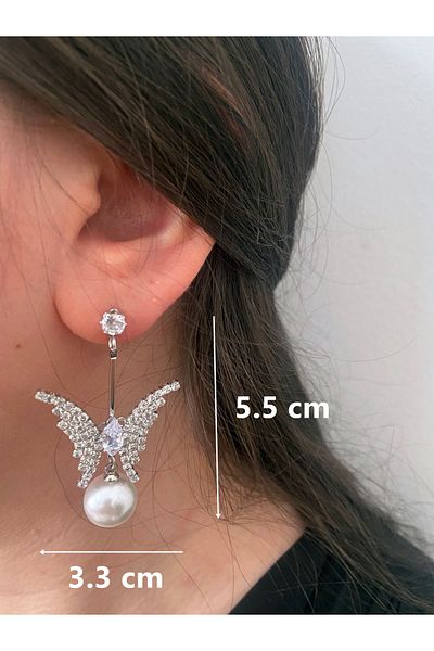 ER TAKI Stoned Silver Color Pearl Dangle Stylish Butterfly Party Engagement Henna Wedding Wedding Evening Dress Earrings