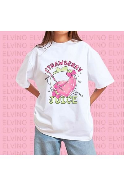 Elvino Strawberry Matcha Printed Crew Neck Cotton White Women'S/Men's Unisex Oversize Tshirt