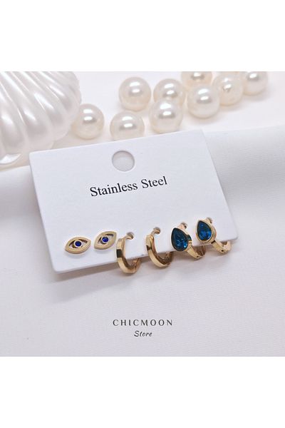 CHICMOON STORE Steel Gold Color Blue Stone Multiple Earrings