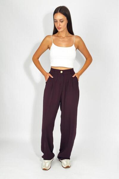 Betimoda Kadın Düğmeli Cepli Geniş Paça Pileli Palazzo Pantolon Bordo