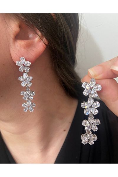 ER TAKI Stoned Silver Color Flower Model Stylish Party Engagement Henna Wedding Wedding Evening Dress Earrings