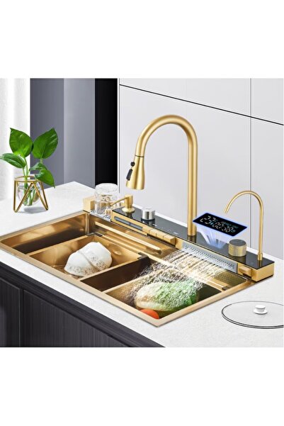 Full Abundance Set chiuvetă de bucătărie multifuncțională, oțel inoxidabil 304, LED, baterie extractibilă, auriu