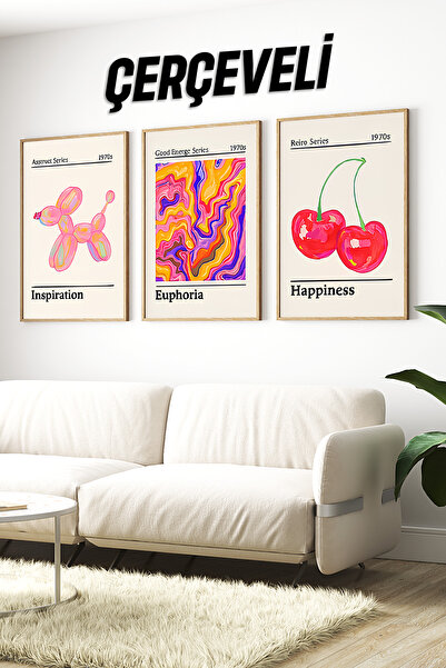 kutuTR 🍒 Retro Pop Art Tarzı Renkli 3’lü Ahşap Çerçeveli Tablo Seti 🌿 CRV1165
