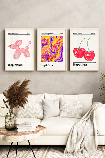 kutuTR 🍒 Retro Pop Art Tarzı Renkli 3’lü Ahşap Çerçeveli Tablo Seti 🌿 CRV1165