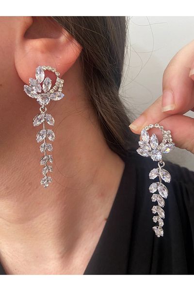 ER TAKI Rhinestone Silver Colorful Long Dangle Stylish Party Engagement Henna Wedding Wedding Evening Dress Earrings