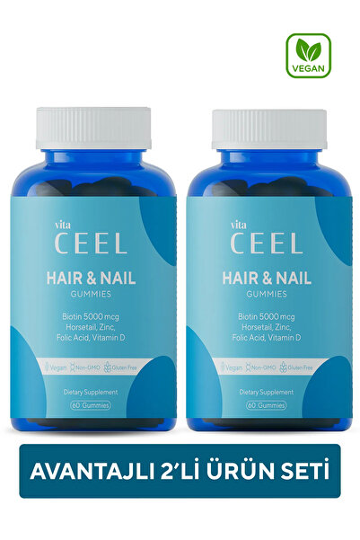 VitaCeel 2'li Vegan Saç Tırnak Vitamini Çiğnenebilir Gummy Biotin 5000, Vitamin D, Folik Asit, At Kuyruğu