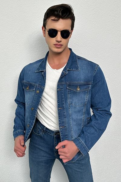 HLT JEANS Ανδρικό μπλε τζιν τζιν κανονική εφαρμογή, ευέλικτο τζιν μπουφάν με κουμπιά από Lycra Hlthe042101