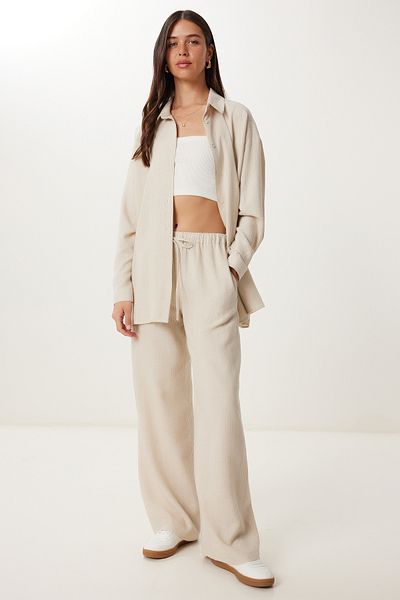 Happiness İstanbul Women's Cream Linen Shirt Pants Suit Fg00056