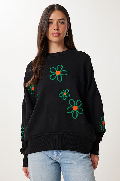 Happiness İstanbul Damski czarny, kwiatowy, haftowany sweter oversize z dzianiny DD01262