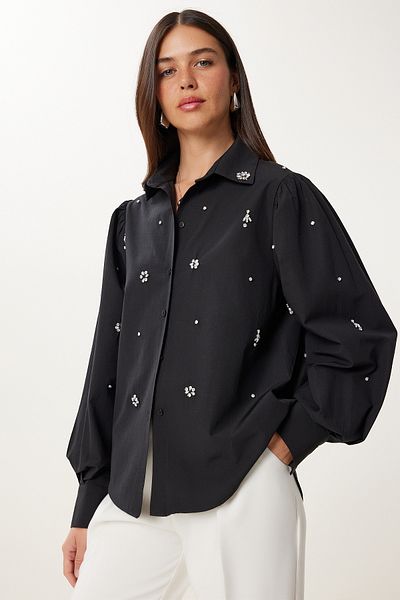 Happiness İstanbul Women's Black Stone Detailed Woven Shirt Fg00058