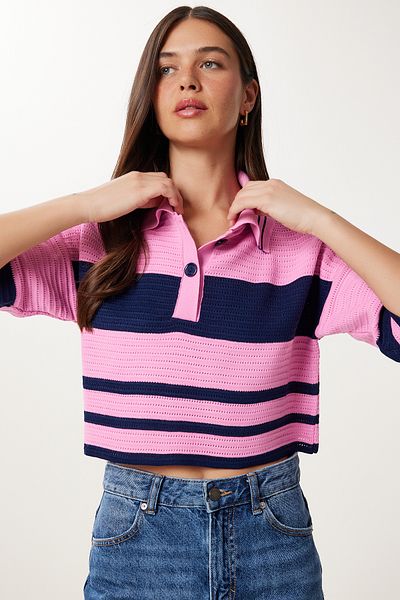 Happiness İstanbul Women's Pink Navy Blue Striped Crop Knitwear Sweater Mx00242