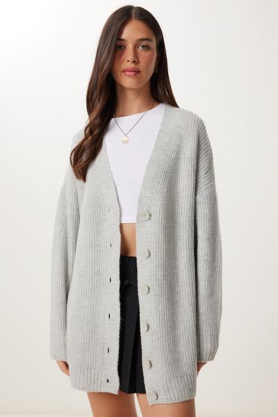Happiness İstanbul Women's Gray Buttoned Long Knitwear Cardigan Mx00244