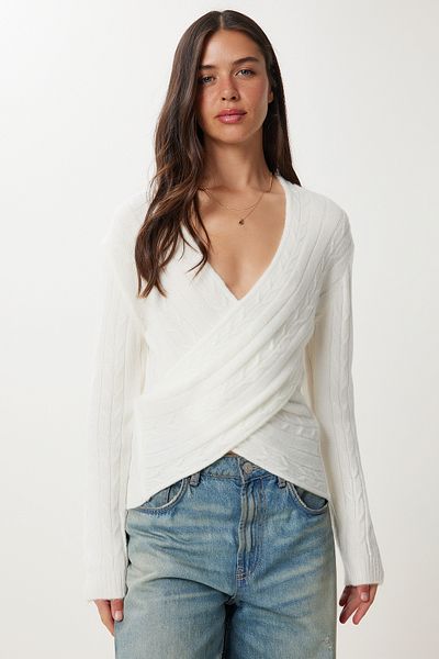 Happiness İstanbul Women's Bone Wrap Collar Seasonal Knitwear Sweater PF00070