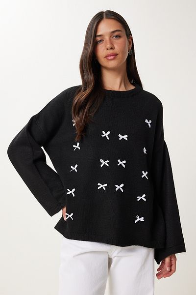 Happiness İstanbul Women's Black Bow Detailed Oversize Knitwear Sweater Kb00042