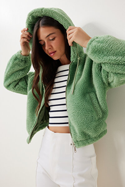 Happiness İstanbul Дамски бадемовозелен плюшен суитшърт с качулка и цип DD01384