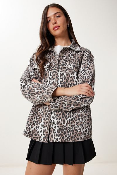 Happiness İstanbul Women's Black Brown Leopard Patterned Gabardine Jacket Gp00025