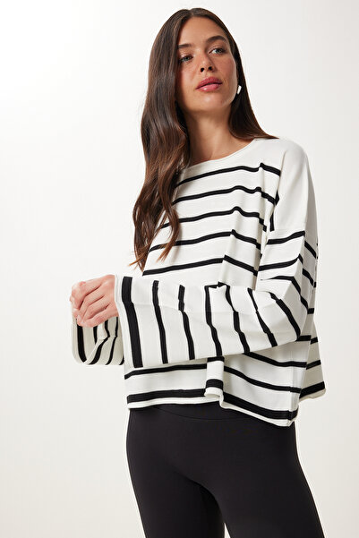 Happiness İstanbul Pulover oversize de tricotaj cu dungi alb-negru pentru femei US00659