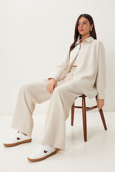 Happiness İstanbul Women's Cream Linen Shirt Pants Suit Fg00056