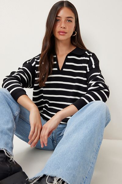 Happiness İstanbul Pulover de damă, negru, vibrant, cu gât polo, tricotat, US00293