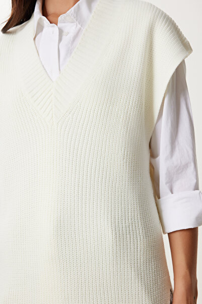 Happiness İstanbul Жіночий довгий светр з V-подібним вирізом екрю PF00112