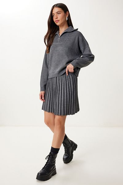 Happiness İstanbul Women's Gray Knitwear Sweater Skirt Set Pf00113