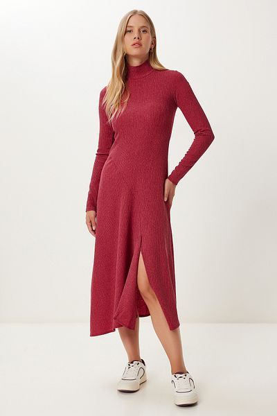 Happiness İstanbul Women's Burgundy Flounced Slit Midi Crinkle Dress Ub00413