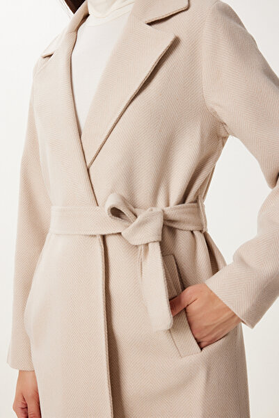 Happiness İstanbul Dámský béžový páskový kabát s kapsami DD01380