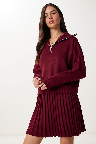 Happiness İstanbul Women's Burgundy Knitwear Sweater Skirt Set Pf00113